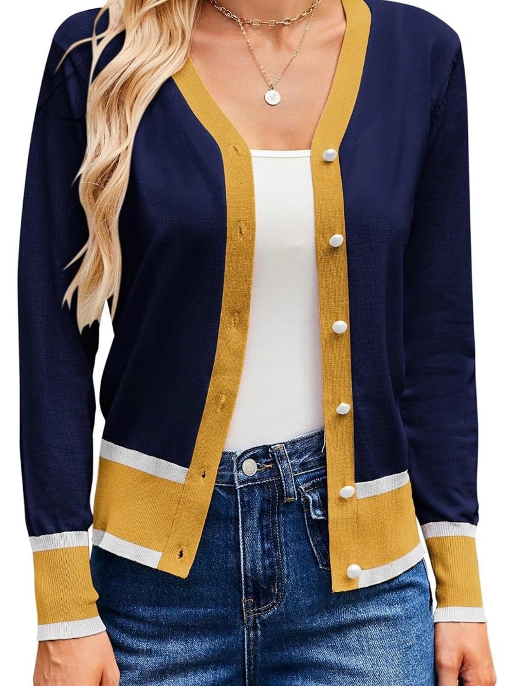 Grace Karin Navy and Mustard Contrast-Trim Button Cardigan